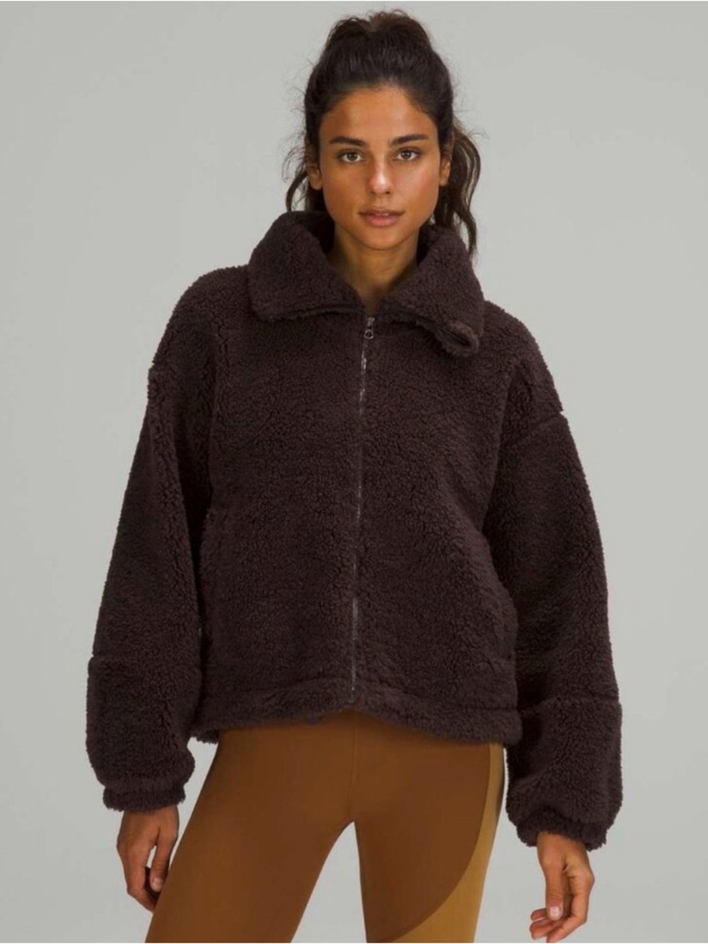 LULULEMON Funnel neck teddy zip up jacket in brown NWOT